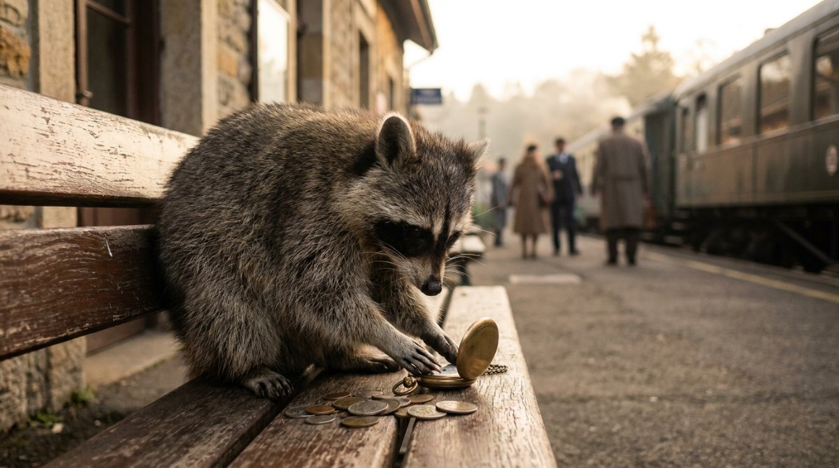 Waschbär mit Taschenuhr und Münzen auf einer Bahnsteigbank – Humor auf Kosten anderer