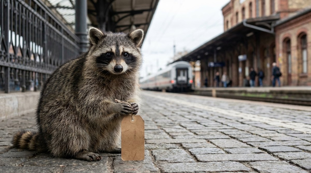Ein Waschbär hält am Bahnsteig einen leeren Kofferanhänger in den Pfoten
