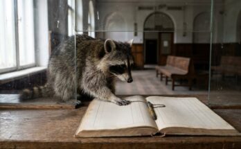 Innerer Kritiker ins Beschwerdebuch: Waschbär am alten Fahrkartenschalter mit aufgeschlagenem Buch und Kettenstift