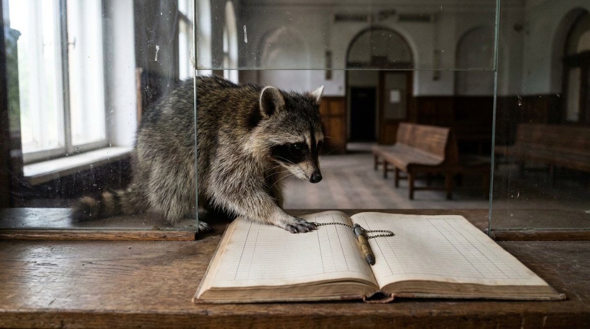 Innerer Kritiker ins Beschwerdebuch: Waschbär am alten Fahrkartenschalter mit aufgeschlagenem Buch und Kettenstift