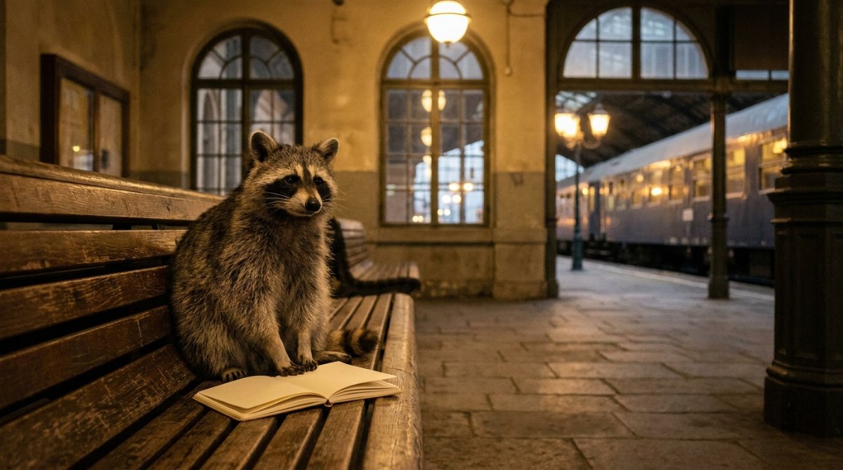 Waschb&auml;r dreht an einem gro&szlig;en Lautst&auml;rkeregler am Bahnsteig