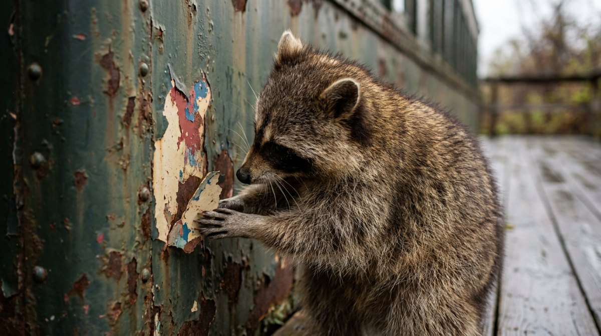 Einen Poetry-Slam-Text interpretieren: ein Waschbär kratzt an abblätterndem Lack eines alten Waggons