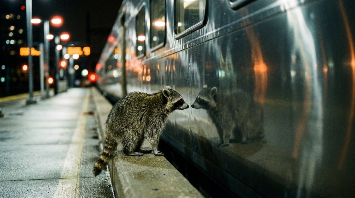 Ein Waschbär betrachtet nachts sein Spiegelbild im glänzenden Blech eines Zuges
