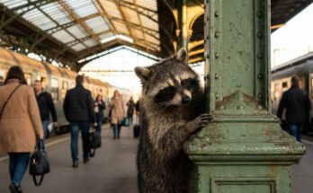 Ironie: Waschbär mit verschmitztem Seitenblick hinter einer grünen Säule am Bahnsteig