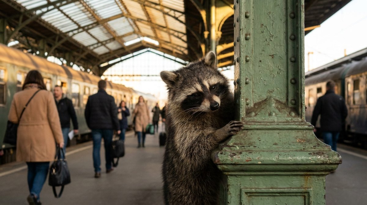 Ironie: Waschbär mit verschmitztem Seitenblick hinter einer grünen Säule am Bahnsteig