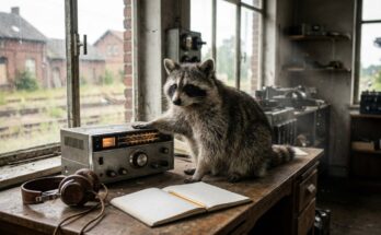 Ironie im Text: Waschbär am alten Funkgerät im Stellwerk, daneben Kopfhörer und ein leeres Notizbuch