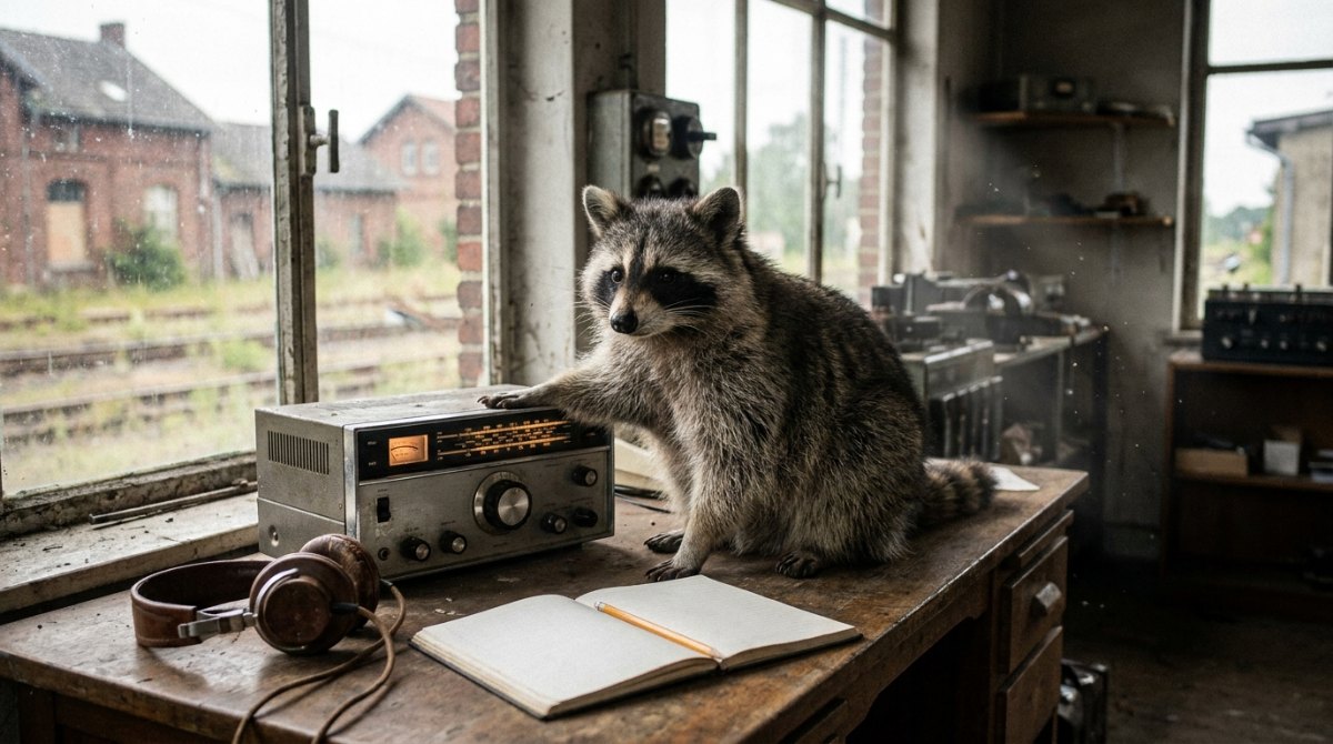 Ironie im Text: Waschbär am alten Funkgerät im Stellwerk, daneben Kopfhörer und ein leeres Notizbuch