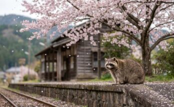 Poetry Slam über die Jahreszeiten: ein Waschbär sitzt auf einem kleinen Bahnsteig unter einem blühenden Kirschbaum