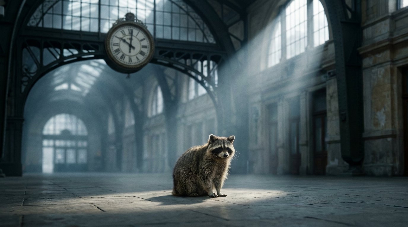 Ein Waschbär sitzt allein unter einer großen Uhr in einer nebligen Bahnhofshalle im Lichtstrahl