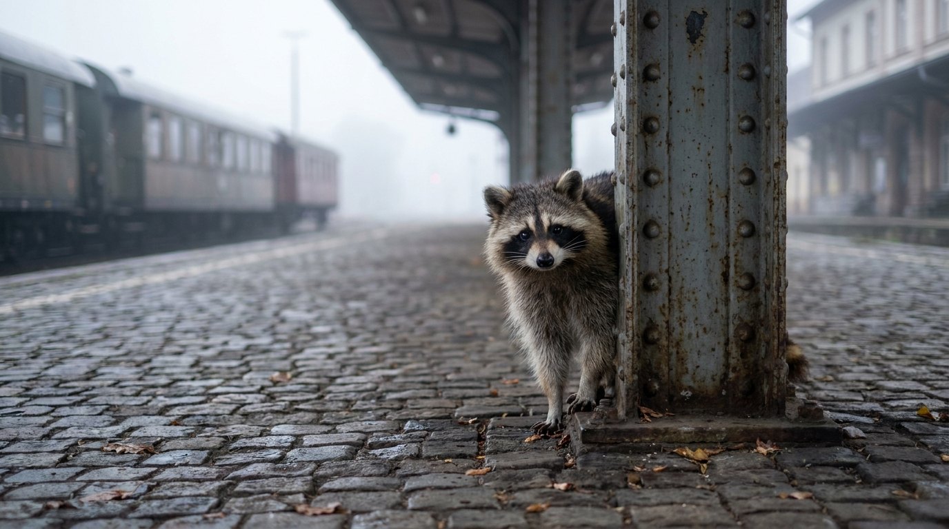 Ein Waschbär lugt neugierig hinter einem Eisenpfeiler auf einem nebligen Bahnsteig hervor