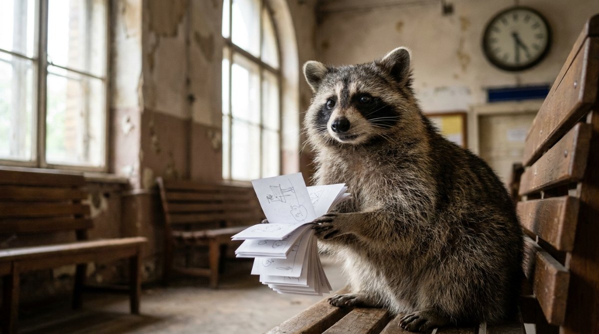 Waschbär blättert im Wartesaal durch ein Daumenkino – Mimik lernen wie Jim Carrey