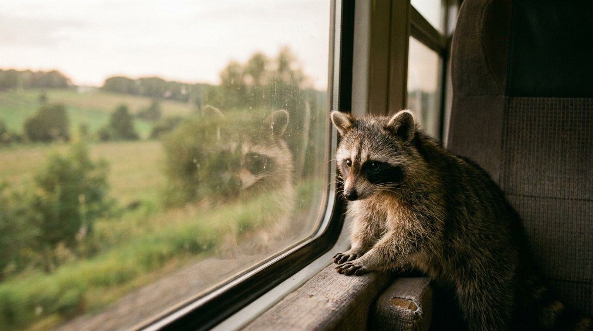 Ein junger Waschbär schaut aus dem Zugfenster auf die vorbeiziehende Landschaft