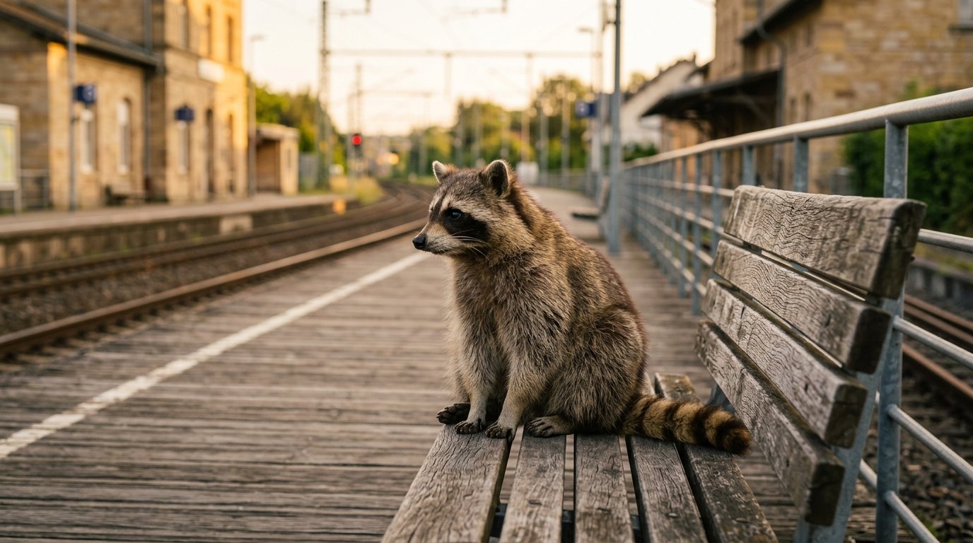 Waschbär sitzt nachdenklich auf einer Bahnsteigbank im Abendlicht