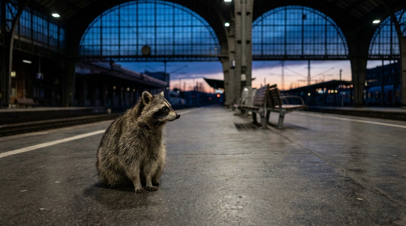 Waschbär in einer leeren Bahnhofshalle in der Abenddämmerung