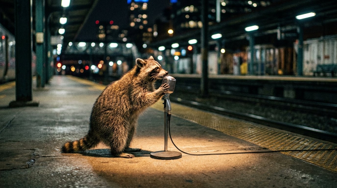 Waschbär an einem Mikrofon im Scheinwerferlicht auf einem nächtlichen Bahnsteig