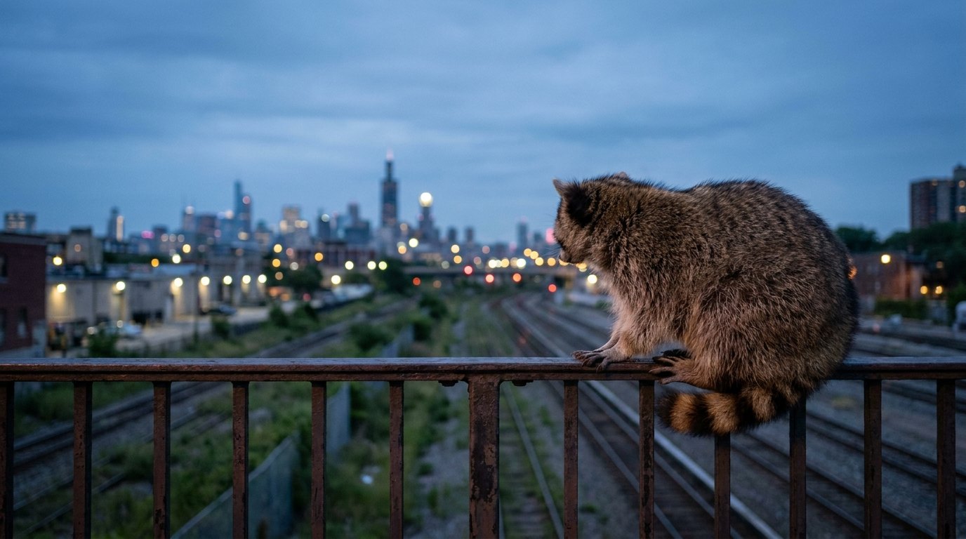 Waschbär auf einem Geländer mit Blick über Bahngleise in der Abenddämmerung