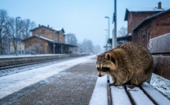 Kaltes Publikum: Waschbär allein auf einer verschneiten Bank am Bahnsteig