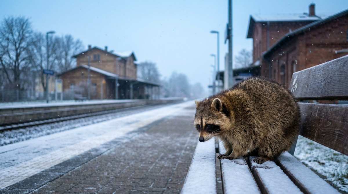 Kaltes Publikum: Waschbär allein auf einer verschneiten Bank am Bahnsteig