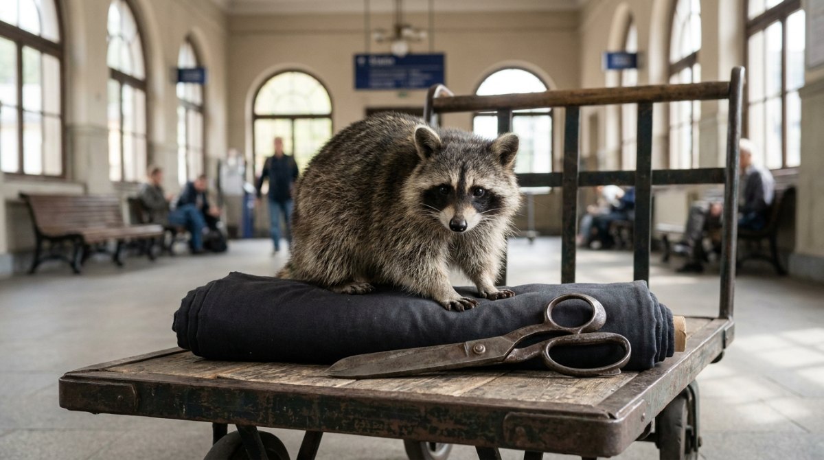 Karl Lagerfeld: Ein Waschbär auf einem Gepäckkarren mit schwarzem Stoff und einer Stoffschere