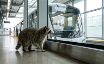 Poetry Slam über künstliche Intelligenz: ein Waschbär schaut an einem Bahnsteig in einen fahrerlosen Zug