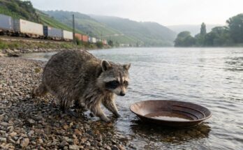 Waschbär an einer Kiesbank am Fluss neben einer Goldwaschpfanne, dahinter ein Güterzug – Killertext schreiben