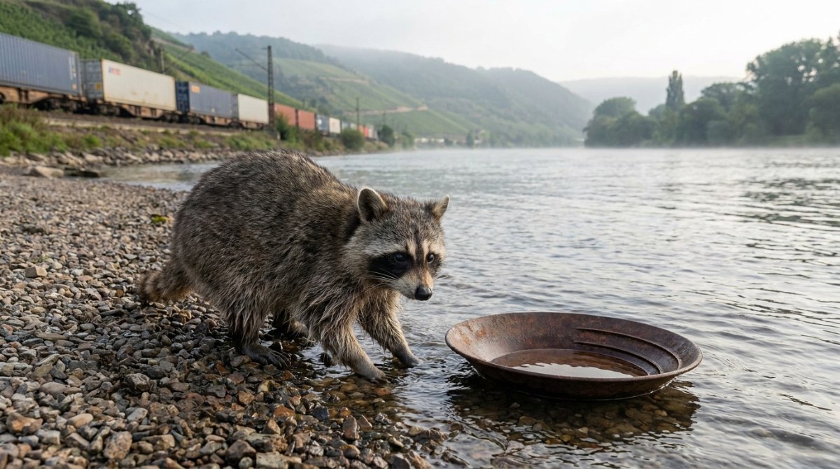 Waschbär an einer Kiesbank am Fluss neben einer Goldwaschpfanne, dahinter ein Güterzug – Killertext schreiben
