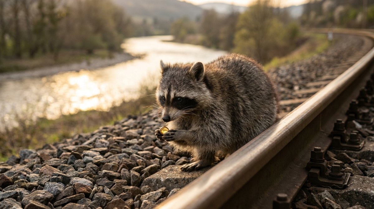 Waschbär hält am Gleis einen goldenen Kiesel in den Pfoten – die schwerste Zeile für deinen Killertext