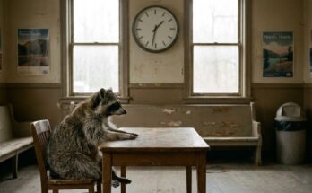 Poetry Slam in der Klausur: ein Waschbär sitzt allein an einem Tisch im stillen Wartesaal unter einer großen Uhr
