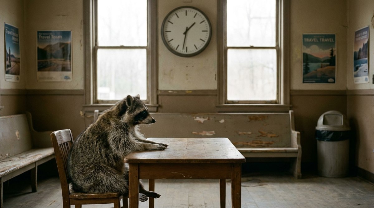 Poetry Slam in der Klausur: ein Waschbär sitzt allein an einem Tisch im stillen Wartesaal unter einer großen Uhr