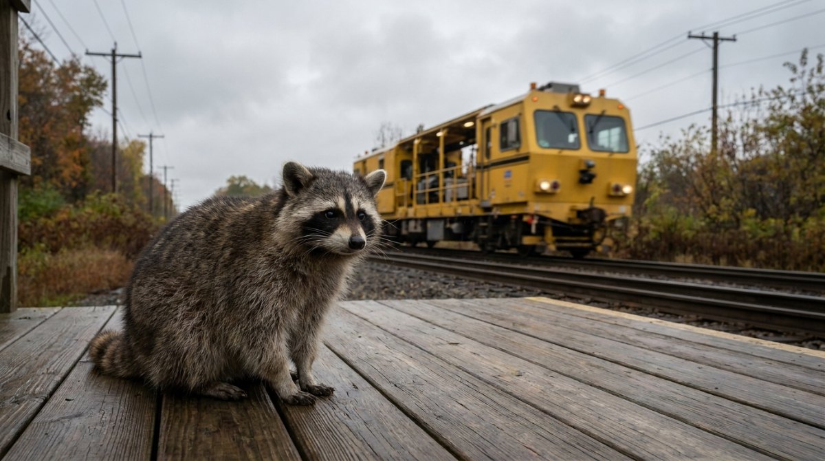 Ein Waschbär beobachtet einen gelben Messzug auf dem Nachbargleis