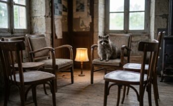 Kleines Publikum: Waschbär auf einem von wenigen Stühlen im kleinen Warteraum eines Landbahnhofs