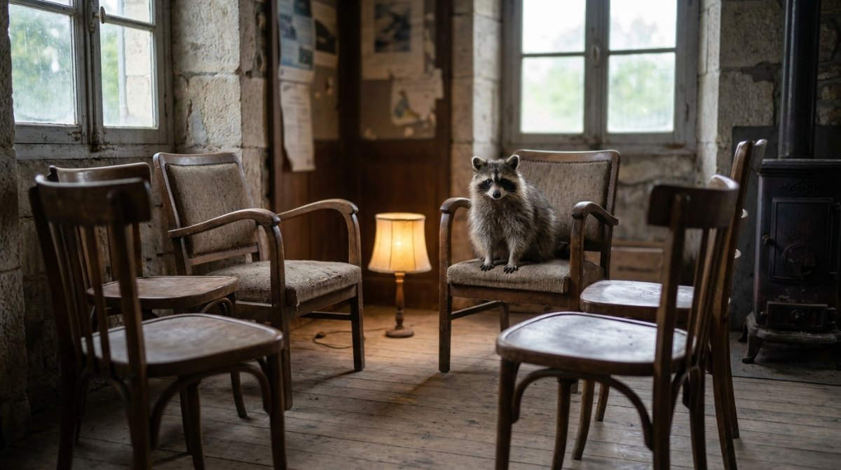 Kleines Publikum: Waschbär auf einem von wenigen Stühlen im kleinen Warteraum eines Landbahnhofs