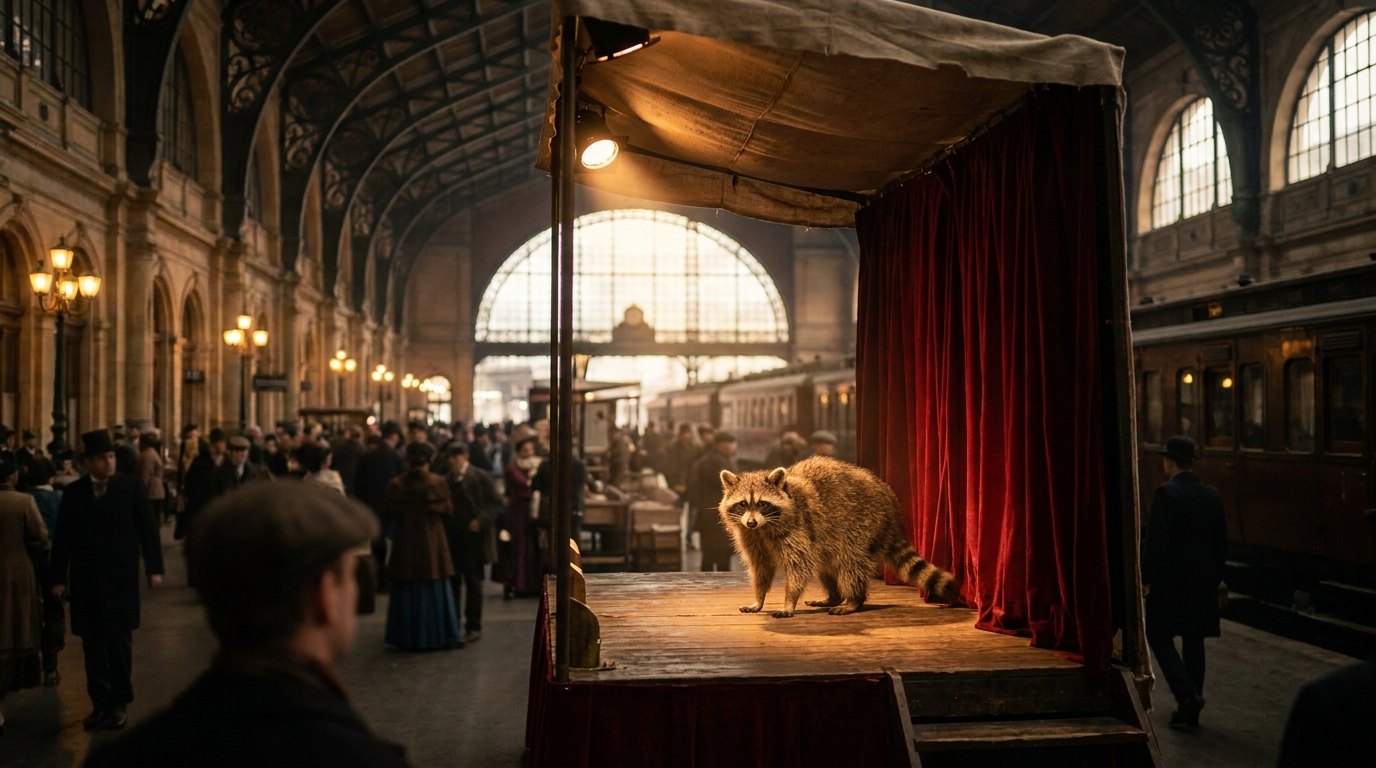 Waschbär auf einer kleinen Kabarettbühne mit rotem Vorhang in einer Bahnhofshalle als Sinnbild für Kleinkunst