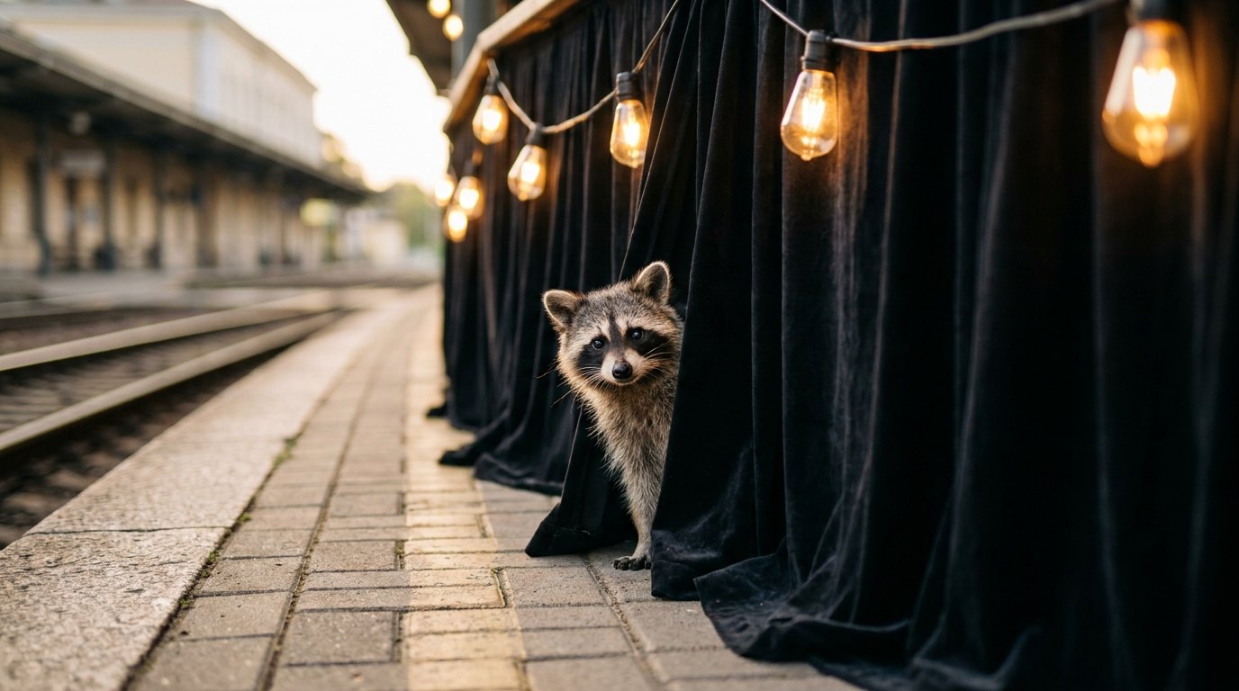 Waschbär lugt zwischen Bühnenvorhängen mit Lichterkette am Bahnsteig hervor