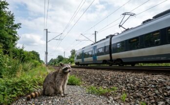 Poetry Slam über den Klimawandel: ein Waschbär sitzt am Bahndamm, während ein Elektrozug unter der Oberleitung vorbeifährt