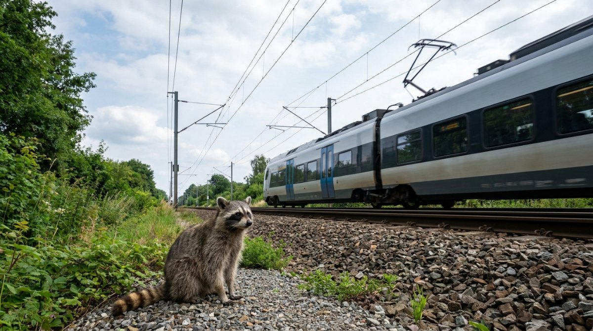 Poetry Slam über den Klimawandel: ein Waschbär sitzt am Bahndamm, während ein Elektrozug unter der Oberleitung vorbeifährt