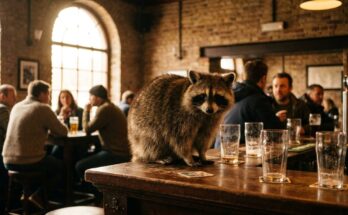 Kneipen Slam: Waschbär auf dem Tresen einer vollen Bahnhofskneipe zwischen Biergläsern