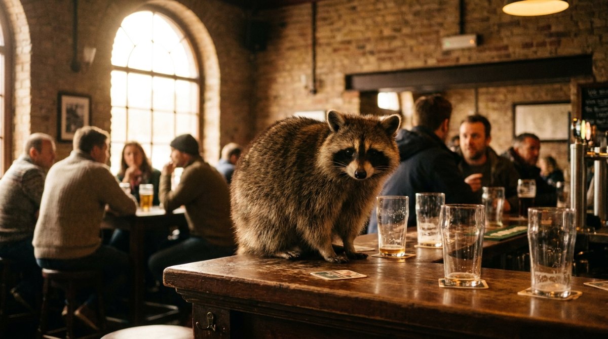 Kneipen Slam: Waschbär auf dem Tresen einer vollen Bahnhofskneipe zwischen Biergläsern