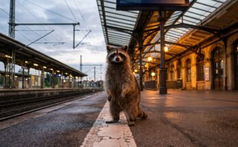 Körperhaltung Bühne: Waschbär steht aufrecht und ruhig auf der weißen Linie am Bahnsteig