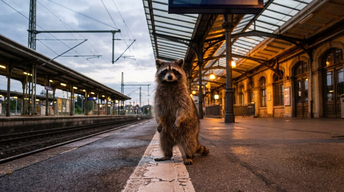 Körperhaltung Bühne: Waschbär steht aufrecht und ruhig auf der weißen Linie am Bahnsteig