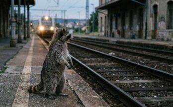 Körperspannung: Waschbär steht aufrecht am Bahnsteig vor einem einfahrenden Zug