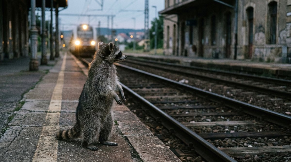Körperspannung: Waschbär steht aufrecht am Bahnsteig vor einem einfahrenden Zug