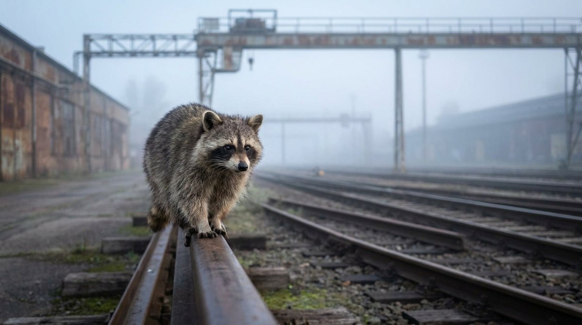 Körperspannung: Waschbär balanciert auf einer Schiene im Nebel