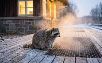 Komfortzone verlassen: Waschbär sitzt auf dem frostigen Bahnsteig im warmen Dampf eines Gitters