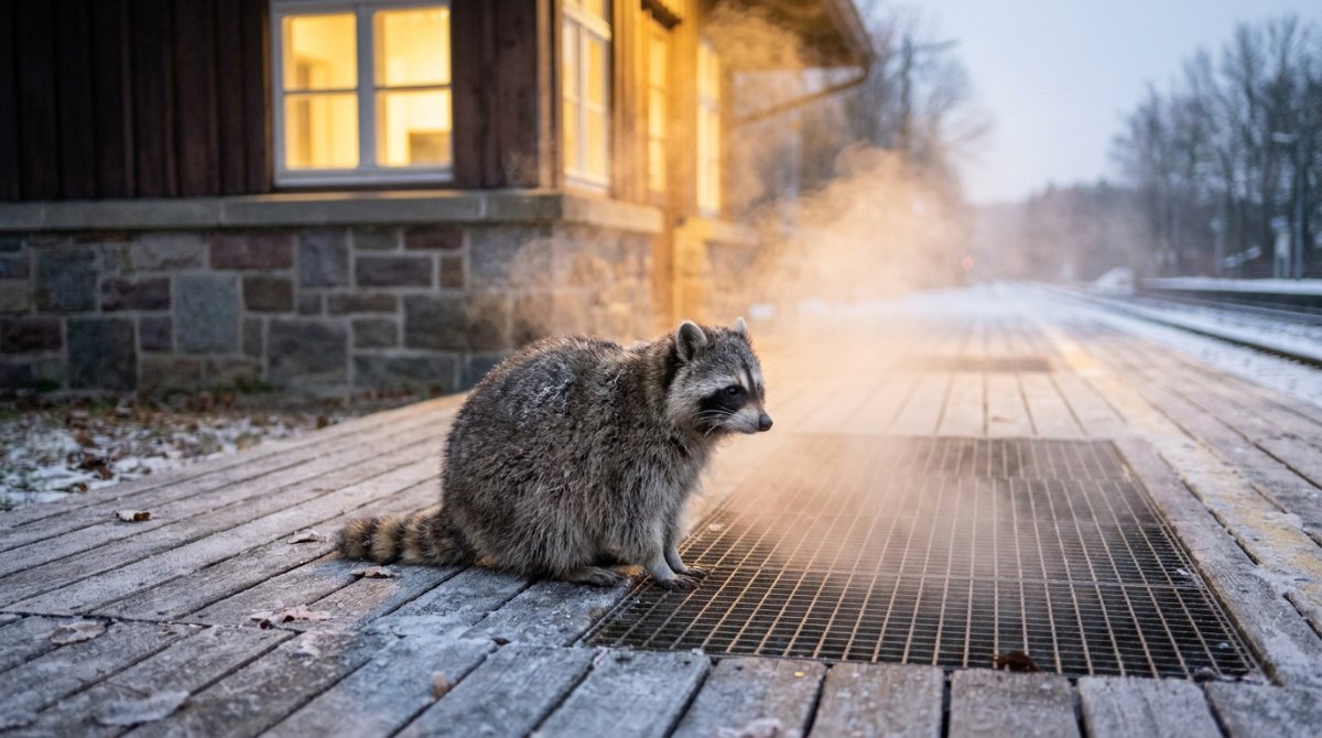 Komfortzone verlassen: Waschbär sitzt auf dem frostigen Bahnsteig im warmen Dampf eines Gitters