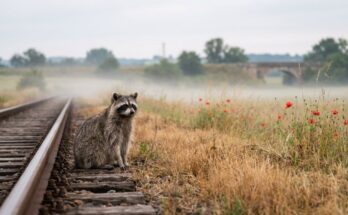 Waschbär am Gleis neben einem brachliegenden Acker mit Mohn – kreative Leere als Ruhezeit