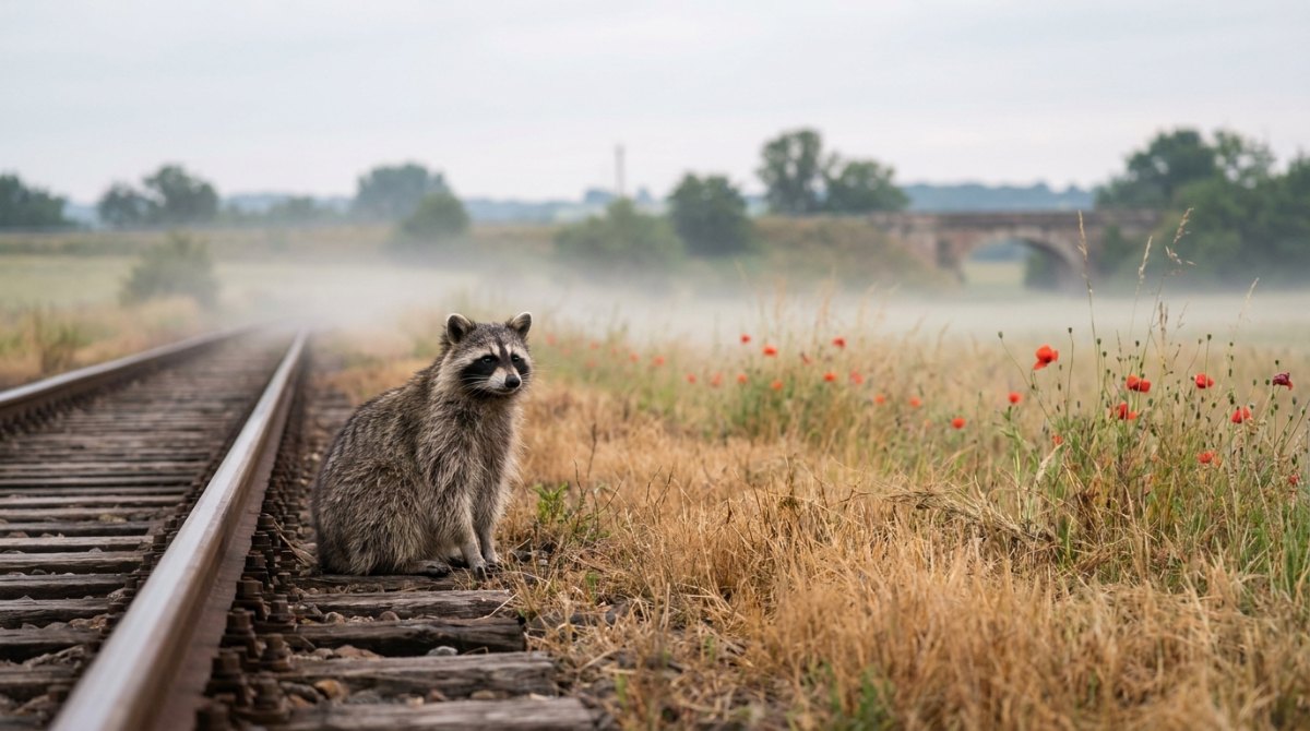 Waschbär am Gleis neben einem brachliegenden Acker mit Mohn – kreative Leere als Ruhezeit