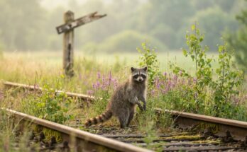 Kreativität fördern: Waschbär zwischen Wildblumen auf einem stillgelegten Gleis