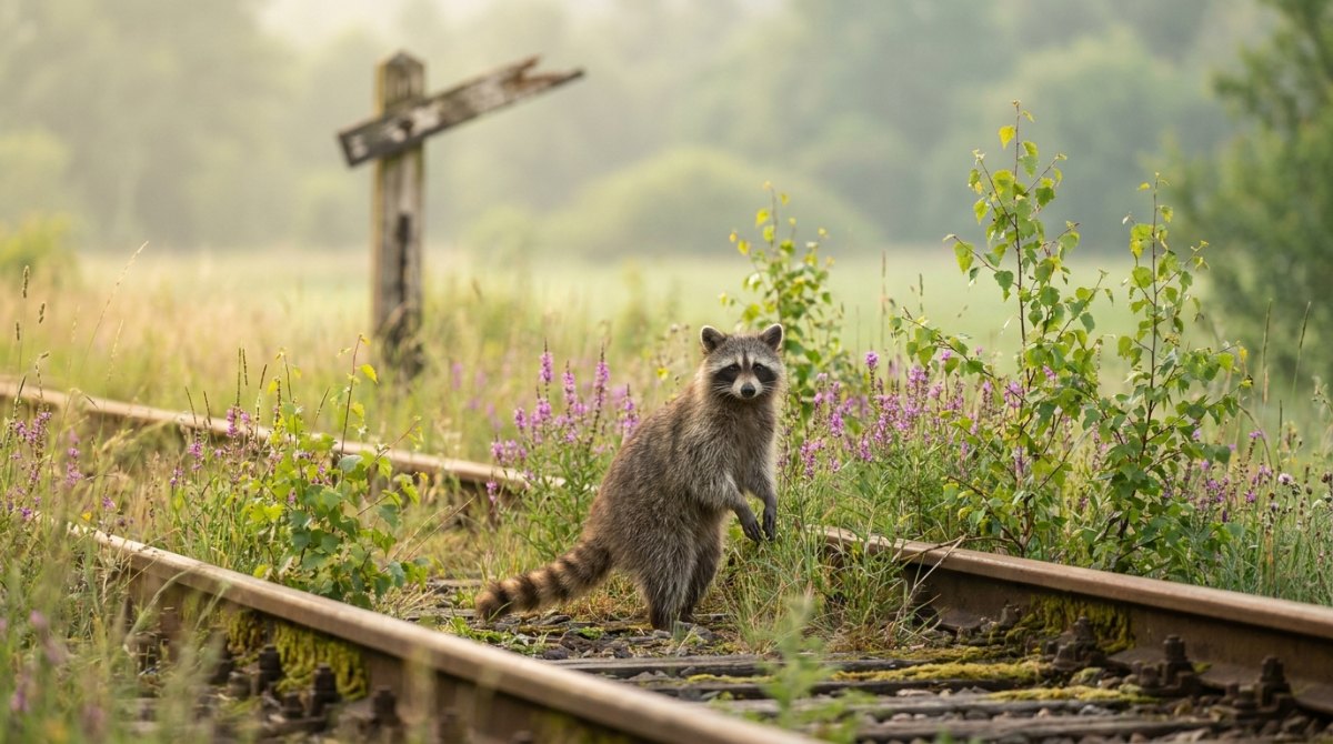 Kreativität fördern: Waschbär zwischen Wildblumen auf einem stillgelegten Gleis