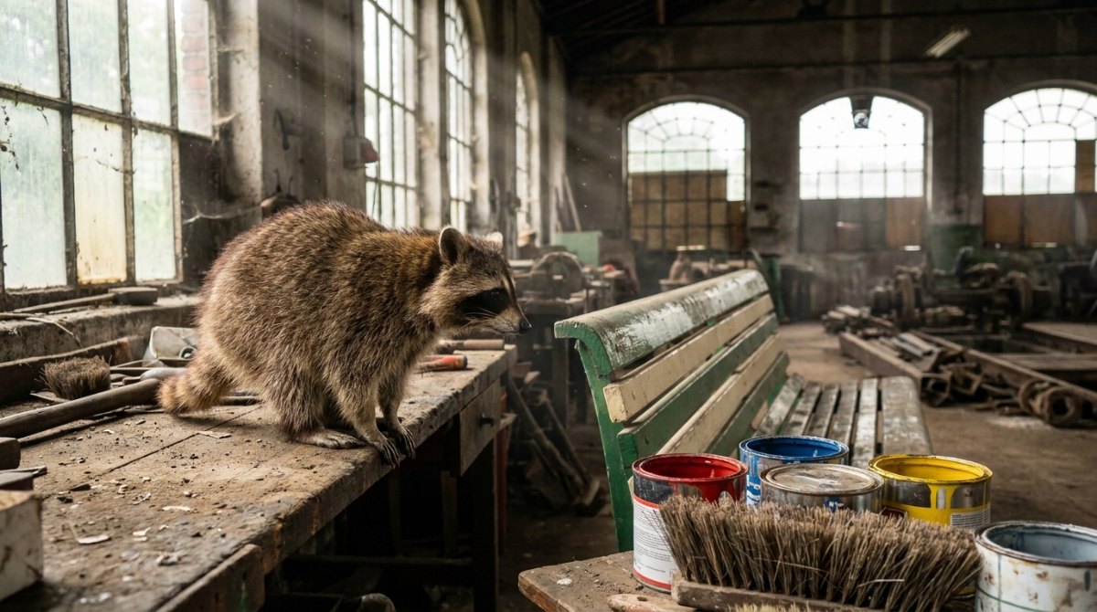 Kreativität fördern: Waschbär in der Bahnwerkstatt zwischen Farbdosen und Pinseln